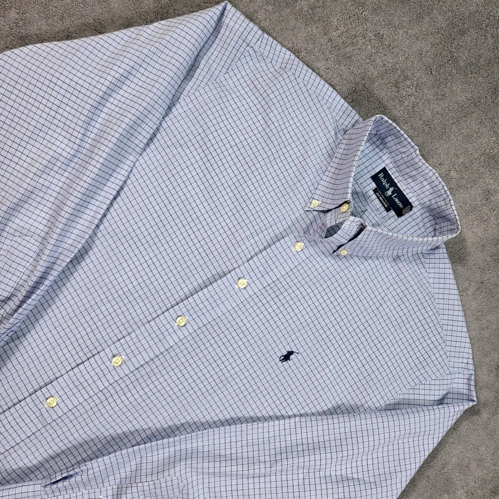 Ralph Lauren Button Down Mens 17.5 34/35 Blue Check Excellent Custom Fit Cotton - Picture 2 of 16